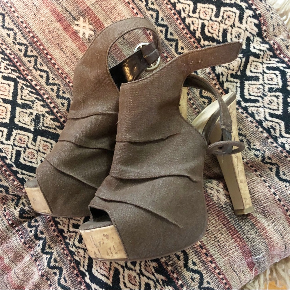 SHI Faux Linen and Cork High Heels